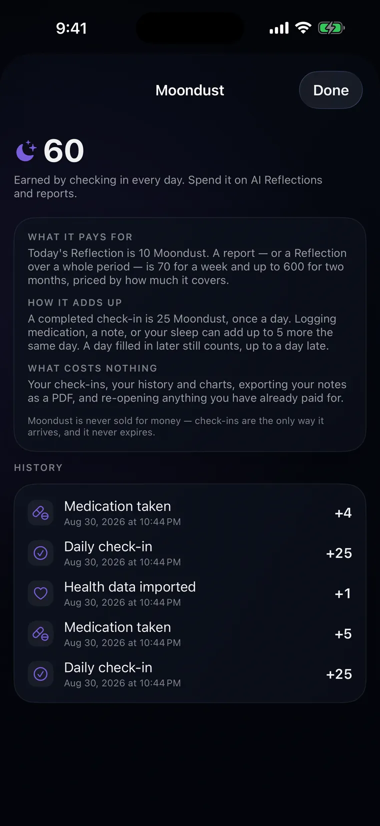 The POLARITY Moondust screen: a balance of 60, what it pays for, and a history of how it was earned.