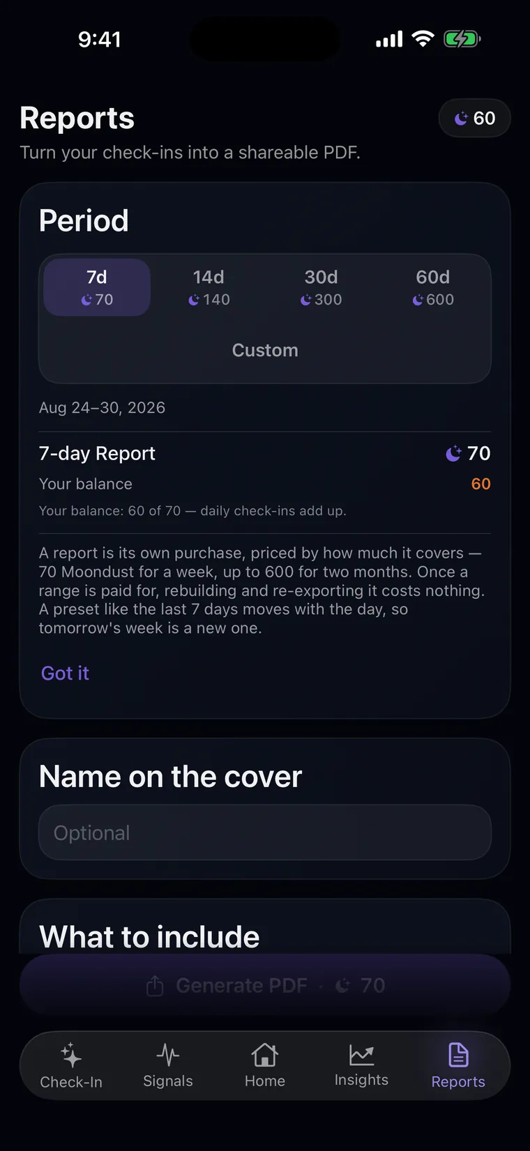 The POLARITY Reports screen: choose a period and what the PDF should include.